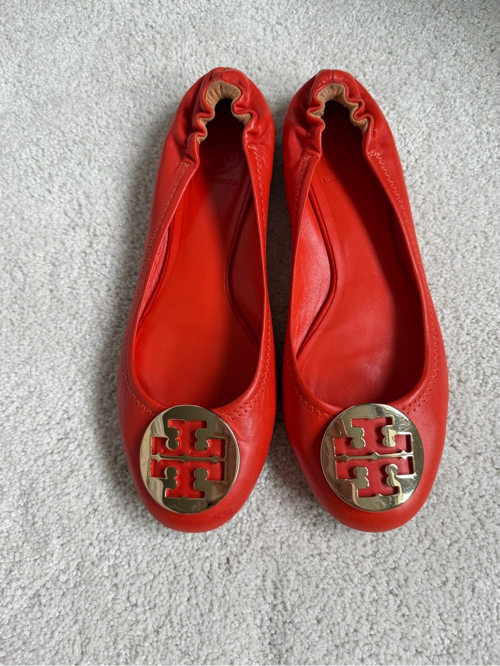 Tory Burch Bright Red Leather Logo Ballet Flats